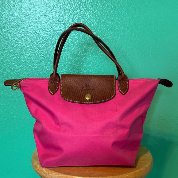 Longchamp Hot Pink Tote with Brown Leather Trim - Picture 1 of 10